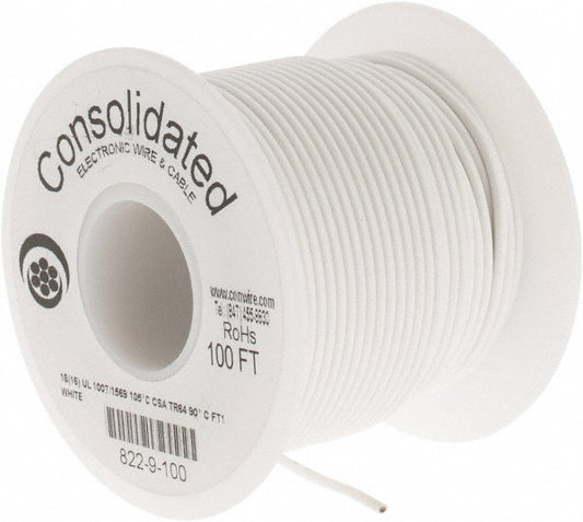 CONSOLIDATED ELECTRONIC WIRE & 822-9-100 18 AWG, 16 Strand, 100' OAL, Tinned Copper Hook Up Wire