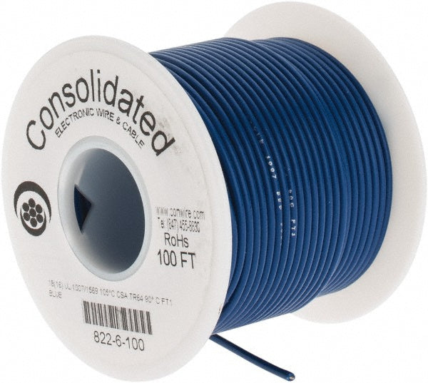 CONSOLIDATED ELECTRONIC WIRE & 822-6-100 18 AWG, 16 Strand, 100' OAL, Tinned Copper Hook Up Wire