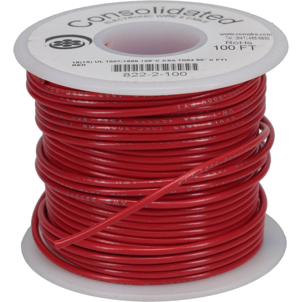 CONSOLIDATED ELECTRONIC WIRE & 822-2-100 18 AWG, 16 Strand, 100' OAL, Tinned Copper Hook Up Wire