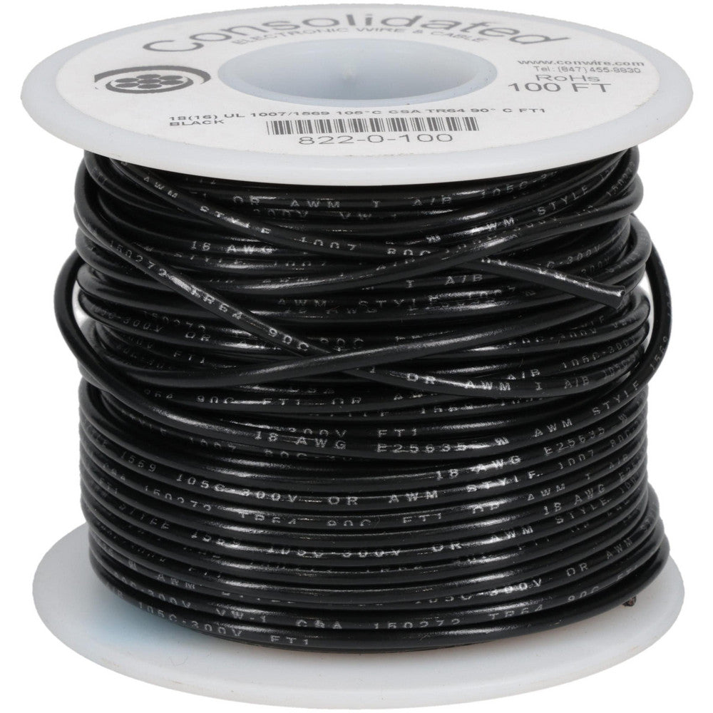 CONSOLIDATED ELECTRONIC WIRE & 822-0-100 18 AWG, 16 Strand, 100' OAL, Tinned Copper Hook Up Wire