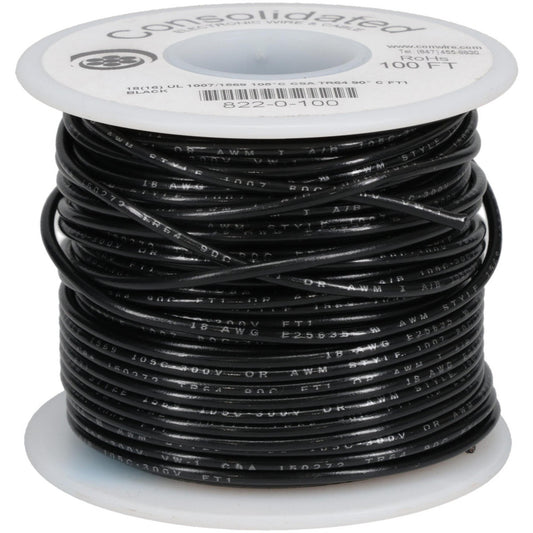 CONSOLIDATED ELECTRONIC WIRE & 822-0-100 18 AWG, 16 Strand, 100' OAL, Tinned Copper Hook Up Wire