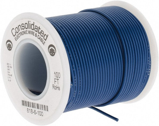 CONSOLIDATED ELECTRONIC WIRE & 818-6-100 22 AWG, 7 Strand, 100' OAL, Tinned Copper Hook Up Wire