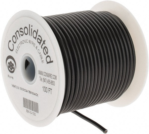 CONSOLIDATED ELECTRONIC WIRE & 891-0-100 14 AWG, 41 Strand, 100' OAL, Tinned Copper Hook Up Wire