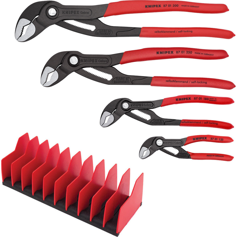 Knipex 9K 00 80 138 US Plier Sets Plier Type Included Cobra Water Pump Pliers  Container Type None  Handle Material Non-Slip Plastic  Includes 87 01 125 87 01 180 87 01 250 87 01 300  Insulated No  Tether Style Not Tether Capable