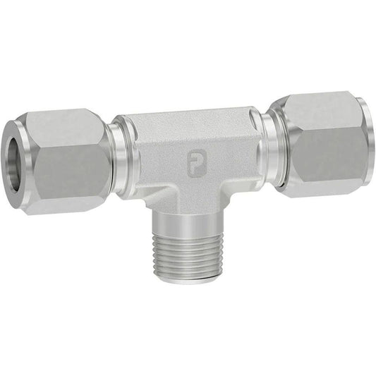 Parker 6 SBU-S Flareless Bite-Type Tube Male Branch Tee 1/4" NPTF, 3/8" Tube OD, Steel