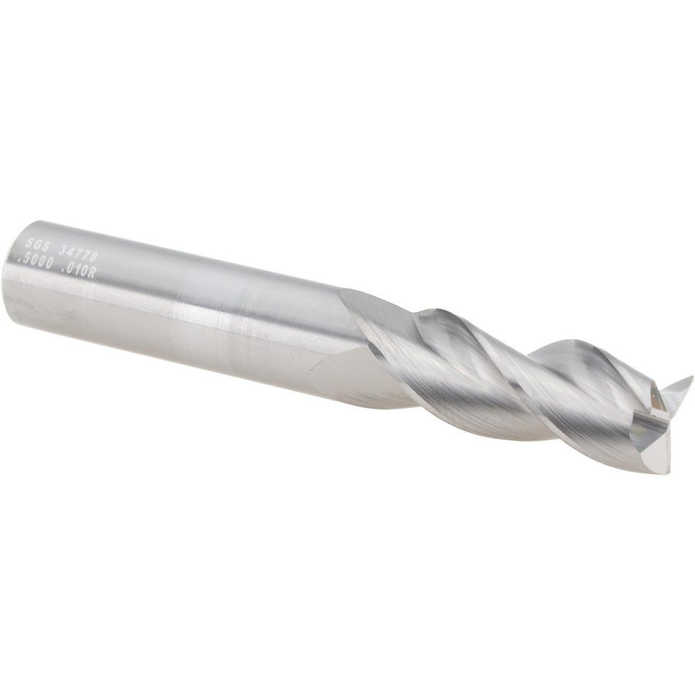 Kyocera SGS Precision Tools 34778 Corner Radius End Mill 1/2" Dia, 1-1/4" LOC, 0.0100" Radius, 3 Flute, Solid Carbide