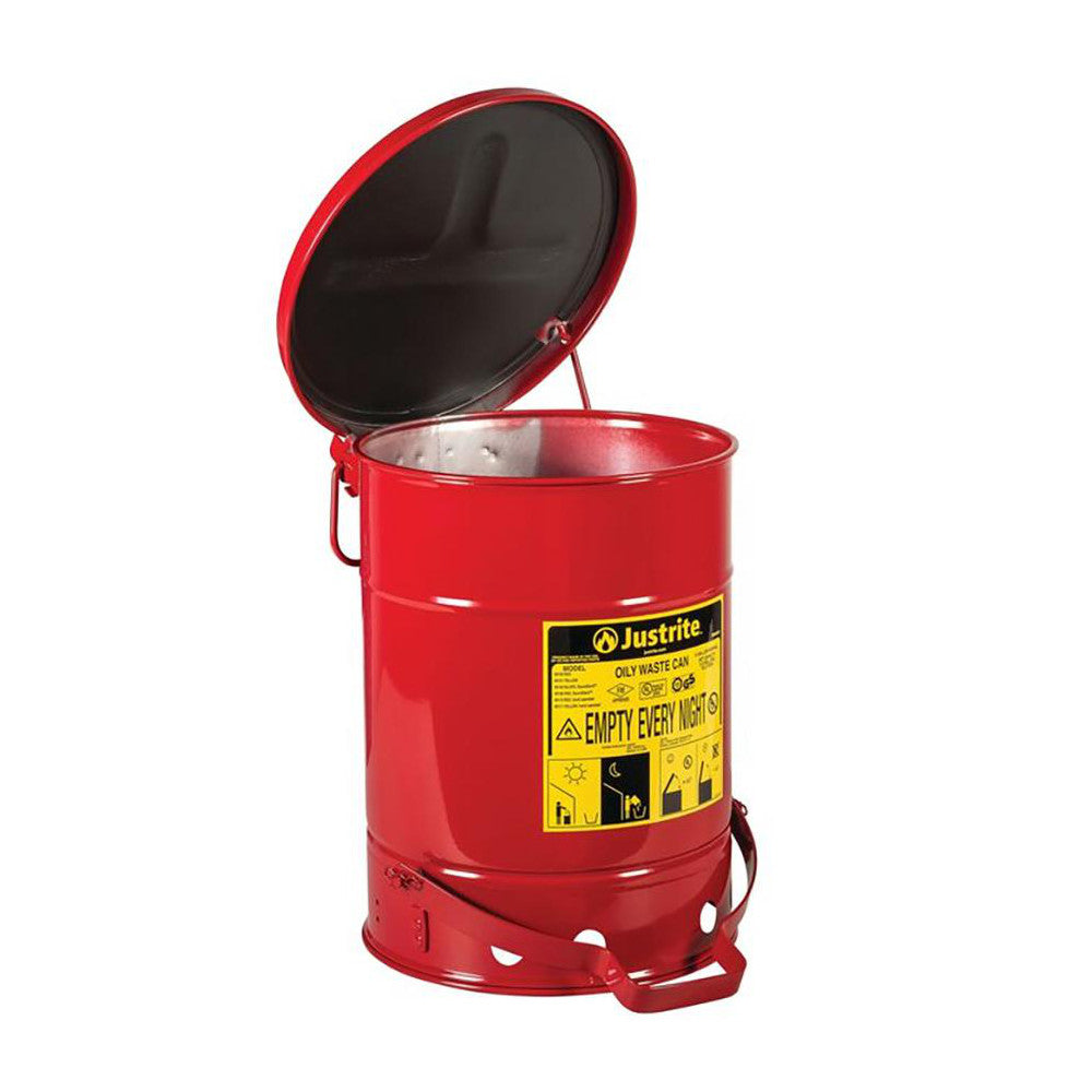 Justrite Mfg. Company 09108 Oily Waste Cans Capacity 6.000  Material Steel  Color Red Red  Opening Style Foot Operated  Overall Height 15.875in  Overall Diameter 11.875in