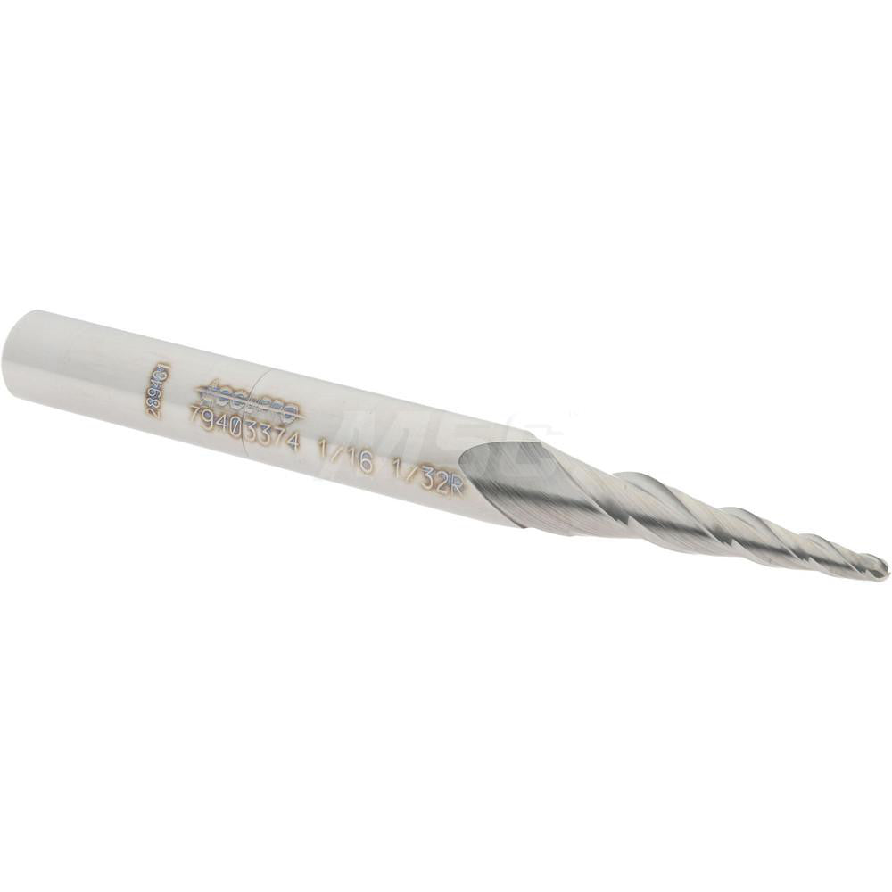 Accupro 79403374 Tapered End Mill 5 deg Angle per Side, 1/16" Small Dia, 3/4" LOC, 3 Flute, Solid Carbide, Ball End