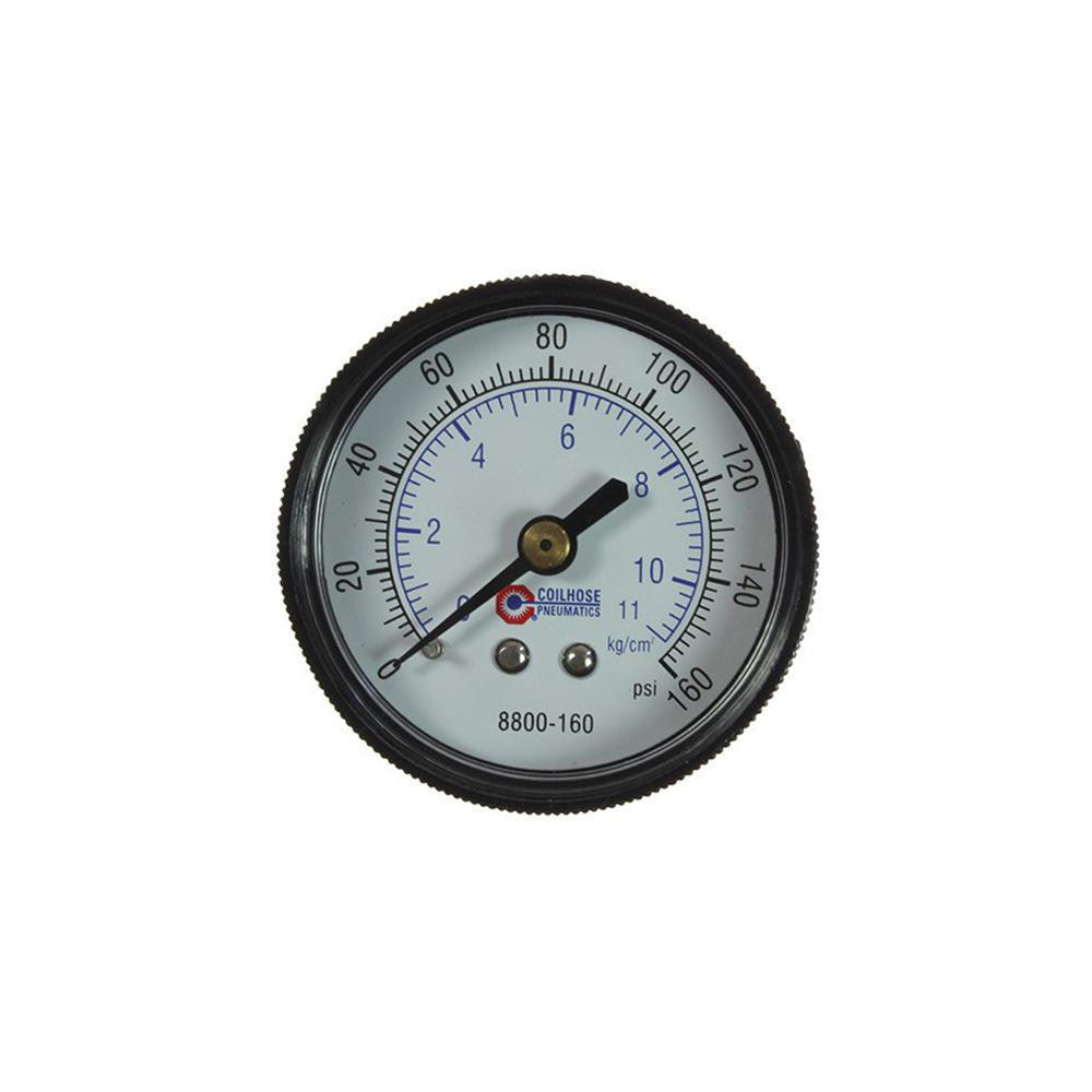 Coilhose Pneumatics 8800-160 FRL Heavy-Duty Pressure Gage Polycarbonate, 1/4" Port, 160 Max psi, Use with F/R/L