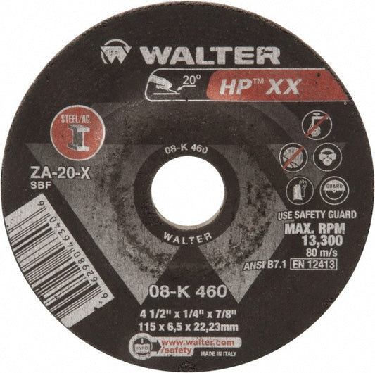 WALTER Surface Technologies 08K450 Depressed Grinding Wheel  Type 27,  4-1/2" Dia,  1/4" Thick,  Aluminum Oxide