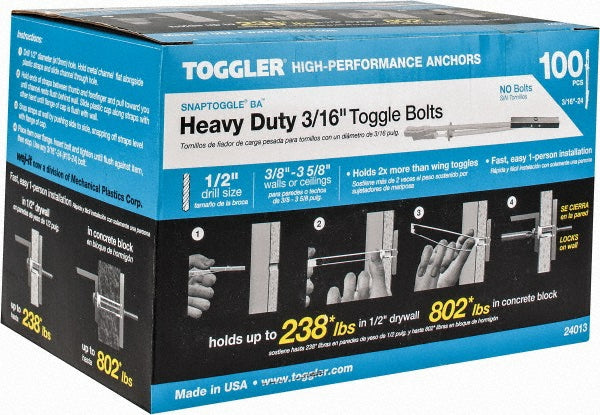 Toggler 24013 1/2" Diam x 6-1/4" OAL, 3/16" Screw, Steel Toggle Bolt Drywall & Hollow Wall Anchor