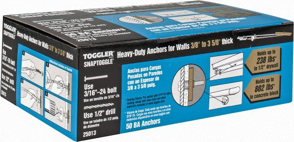 Toggler 25013 1/2" Diam x 6-1/4" OAL, 3/16" Screw, Steel Toggle Bolt Drywall & Hollow Wall Anchor