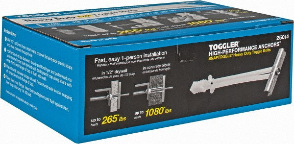 Toggler 25014 1/2" Diam x 6-1/4" OAL, 1/4" Screw, Steel Toggle Bolt Drywall & Hollow Wall Anchor
