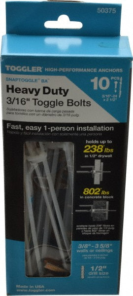Toggler 50375 1/2" Diam x 6-1/4" OAL, 3/16" Screw, Steel Toggle Bolt Drywall & Hollow Wall Anchor