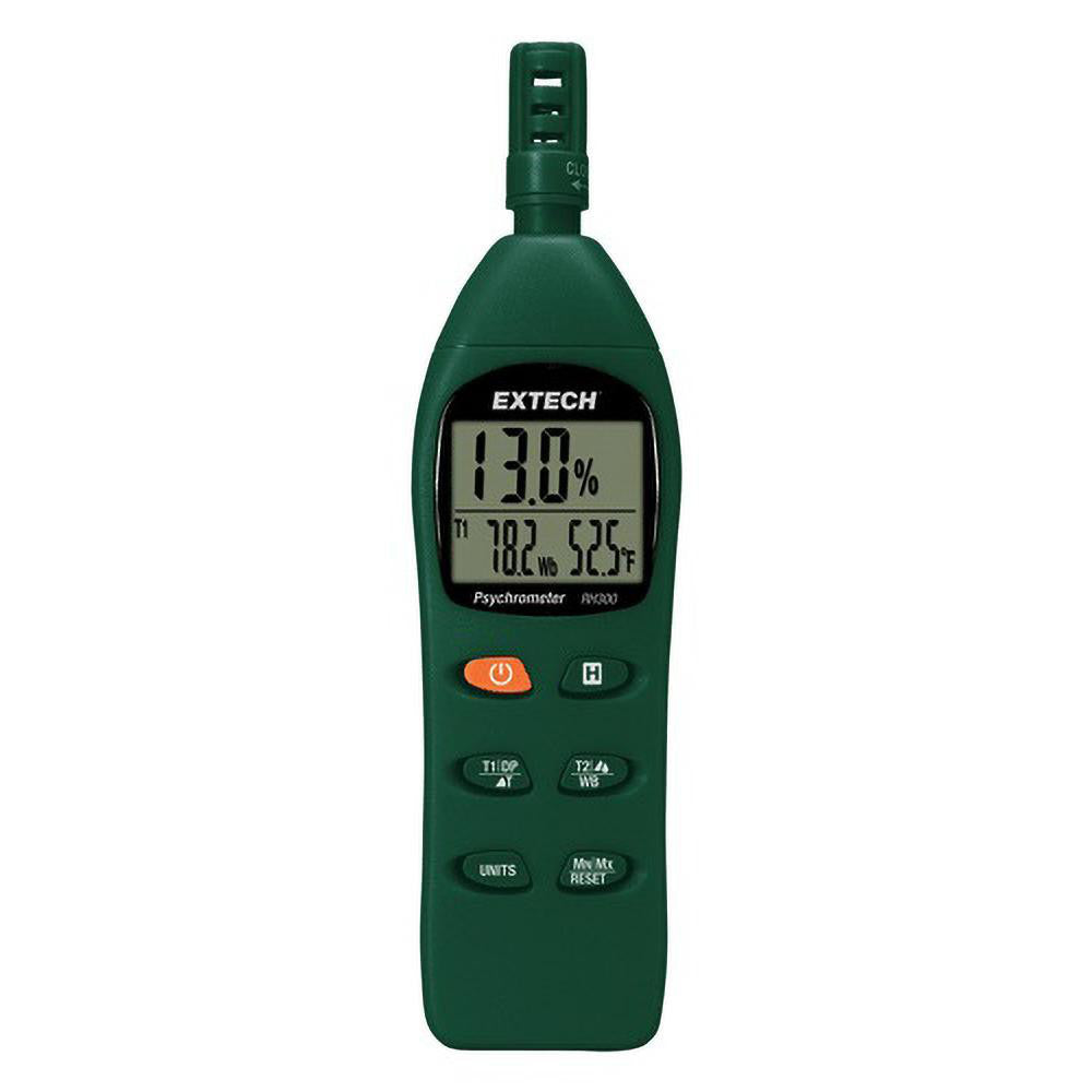 Extech RH300 Digital Psychrometers Type Humidity/Dew Point Digital Psychrometer Minimum Dew Point (F) -90.4 Maximum Dew Point (F) 122 Minimum Humidity 0 Maximum Humidity 100 Maximum Temperature 122.0 °F 122.0 °C 122.0 ° Resolution (Degrees) 0.1 °F 0.1