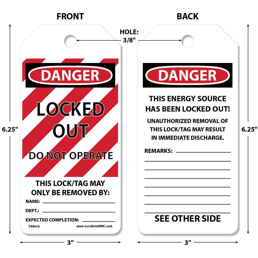AccuformNMC TAR416 Lockout Tag Rectangle, 6-1/4" High, Synthetic Paper, "DANGER"
