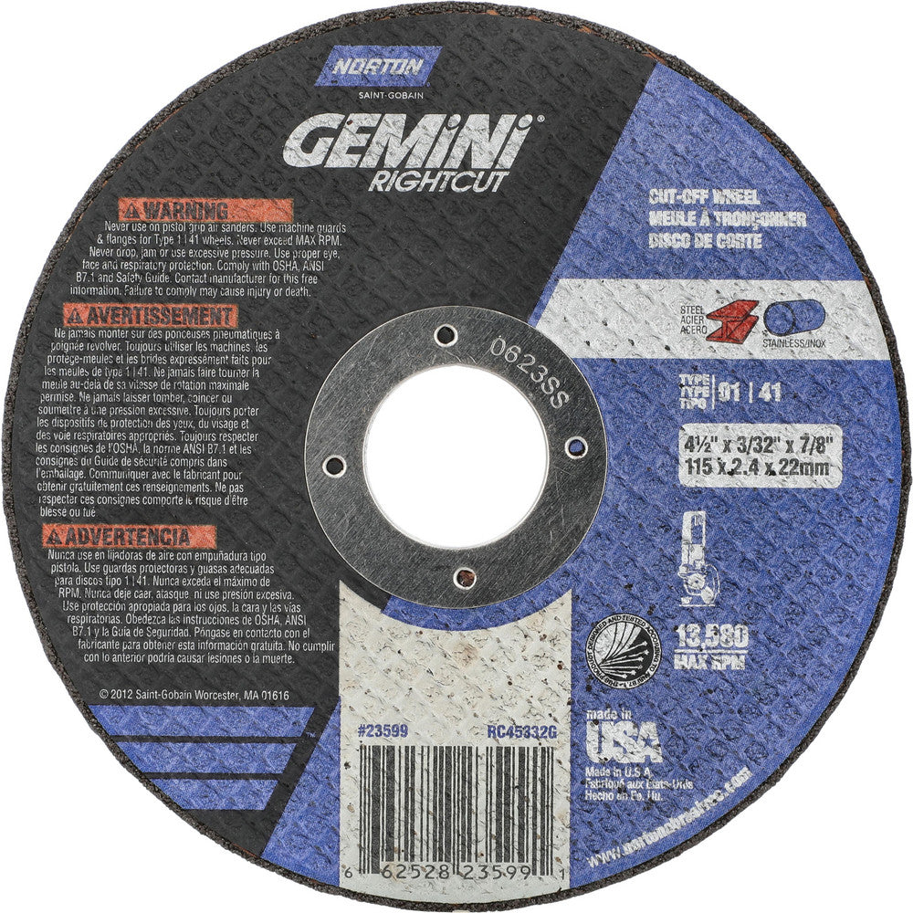 Norton 66252823599 Cut-Off Wheel 4-1/2" Dia, 3/32" Thick, 7/8" Hole, Aluminum Oxide