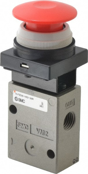 SMC Pneumatics VM230-N02-30RA Mechanically Operated Valve 3-Way & 2-Position, Push Button (Mushroom) Actuator, 1/4" Inlet, 1/4" Outlet, 3 Position