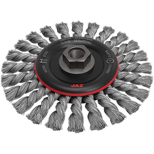 JAZ USA 78052B Wheel Brushes Mount Type Arbor Hole  Wire Type Knotted Standard Twist  Outside Diameter (Inch) 4-1/2  Face Width (Inch) 1/2  Arbor Hole Thread Size 5/8-11  Shank Diameter (Inch) 1/4