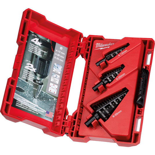 Milwaukee Tool 48-89-9399 Step Drill Bits Tool Material High-Speed Steel  Series Milwaukee  Overall Length (Decimal Inch) 3.8000  Minimum Hole Diameter (mm) 4.00  Maximum Hole Diameter (mm) 35.00  Shank Diameter (Inch) 1/4