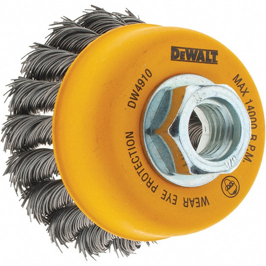 DeWALT DW4910 Cup Brush 3" Dia, 0.0200" Wire Dia, Steel, Knotted