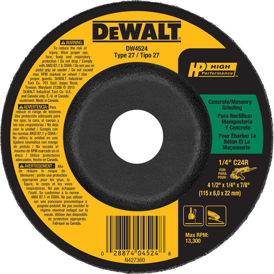 DeWALT DW4524 Depressed Grinding Wheel  Type 27,  4-1/2" Dia,  1/4" Thick,  7/8" Hole,  Silicon Carbide