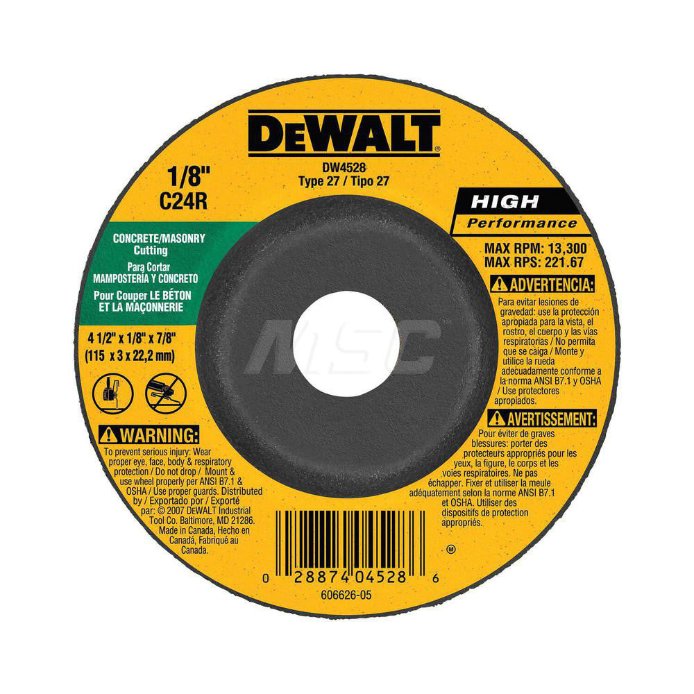 DeWALT DW4528 Depressed Grinding Wheel  Type 27,  4-1/2" Dia,  1/8" Thick,  7/8" Hole,  Silicon Carbide
