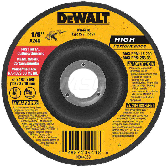 DeWALT DW4418 Depressed Grinding Wheel  Type 27,  4" Dia,  1/8" Thick,  5/8" Hole,  Aluminum Oxide