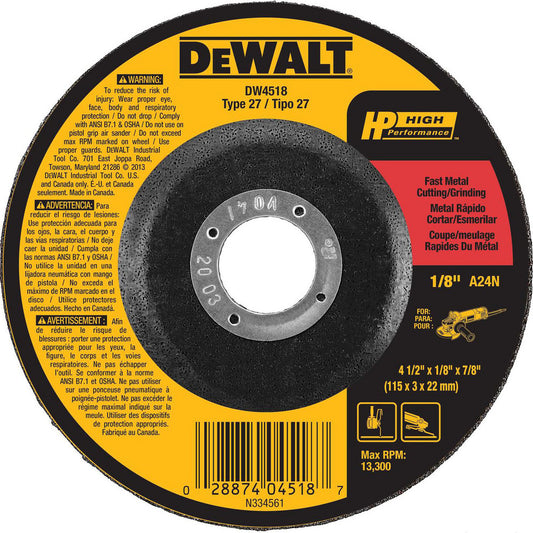 DeWALT DW4518 Depressed Grinding Wheel  Type 27,  4-1/2" Dia,  1/8" Thick,  7/8" Hole,  Aluminum Oxide
