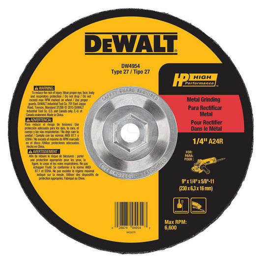DeWALT DW4954 Depressed Grinding Wheel  Type 27,  9" Dia,  1/4" Thick,  Aluminum Oxide