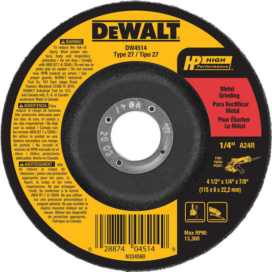 DeWALT DW4514 Depressed Grinding Wheel  Type 27,  4-1/2" Dia,  1/4" Thick,  7/8" Hole,  Aluminum Oxide