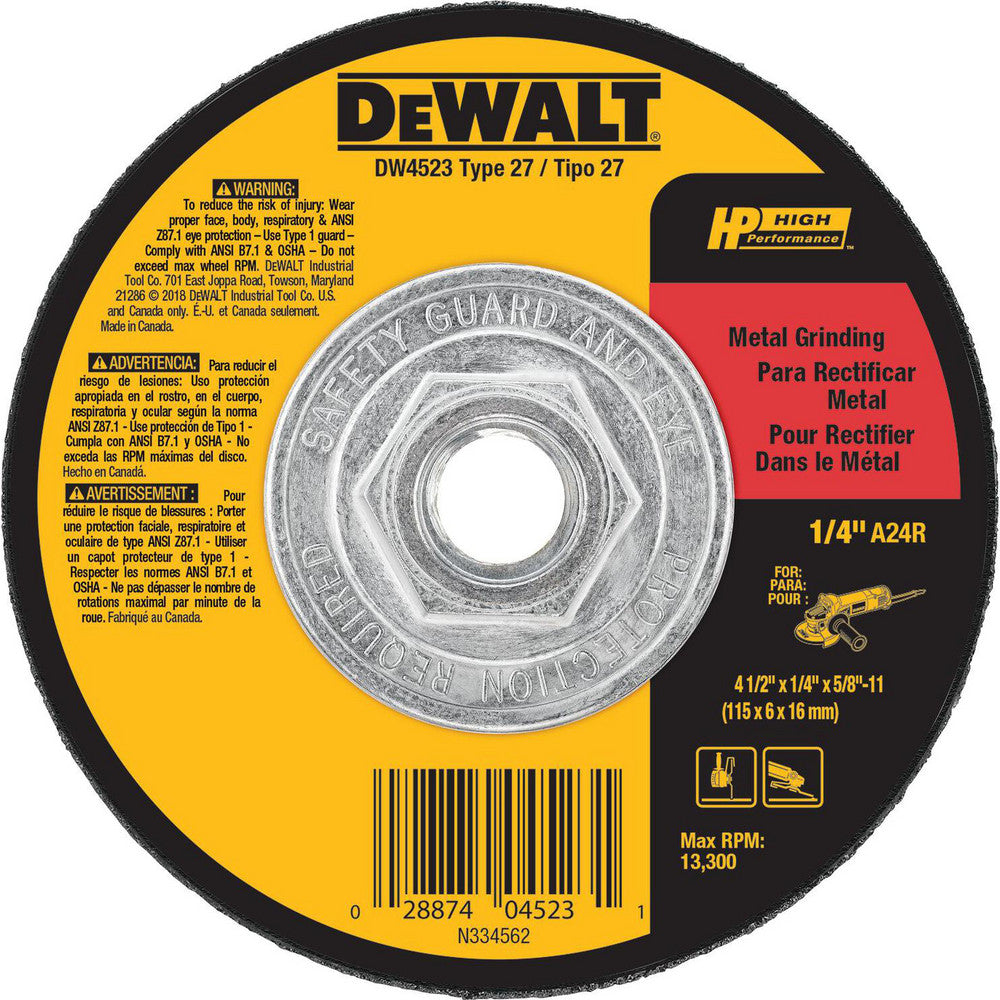 DeWALT DW4523 Depressed Grinding Wheel  Type 27,  4-1/2" Dia,  1/4" Thick,  Aluminum Oxide