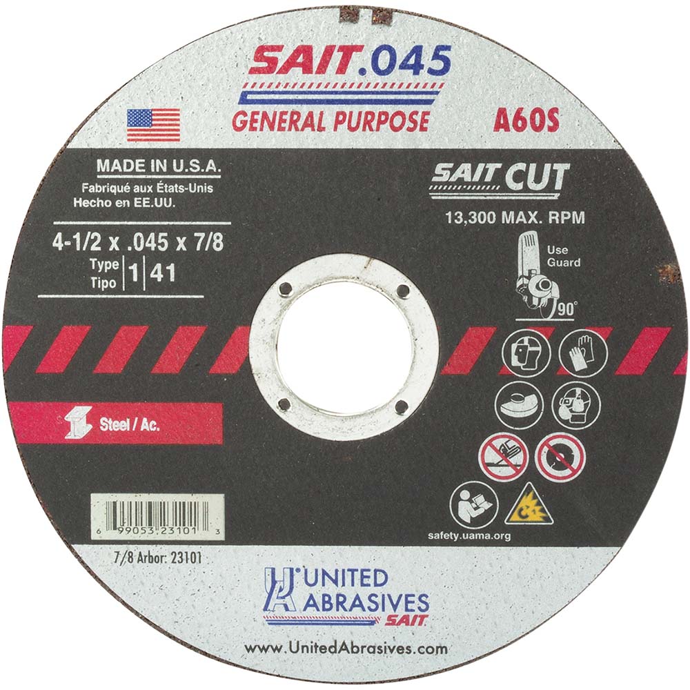 Sait 23101 Cutoff Wheel Type 1 (01/41), 4-1/2" Dia, 0.0450" Thick, 7/8" Hole, Aluminum Oxide