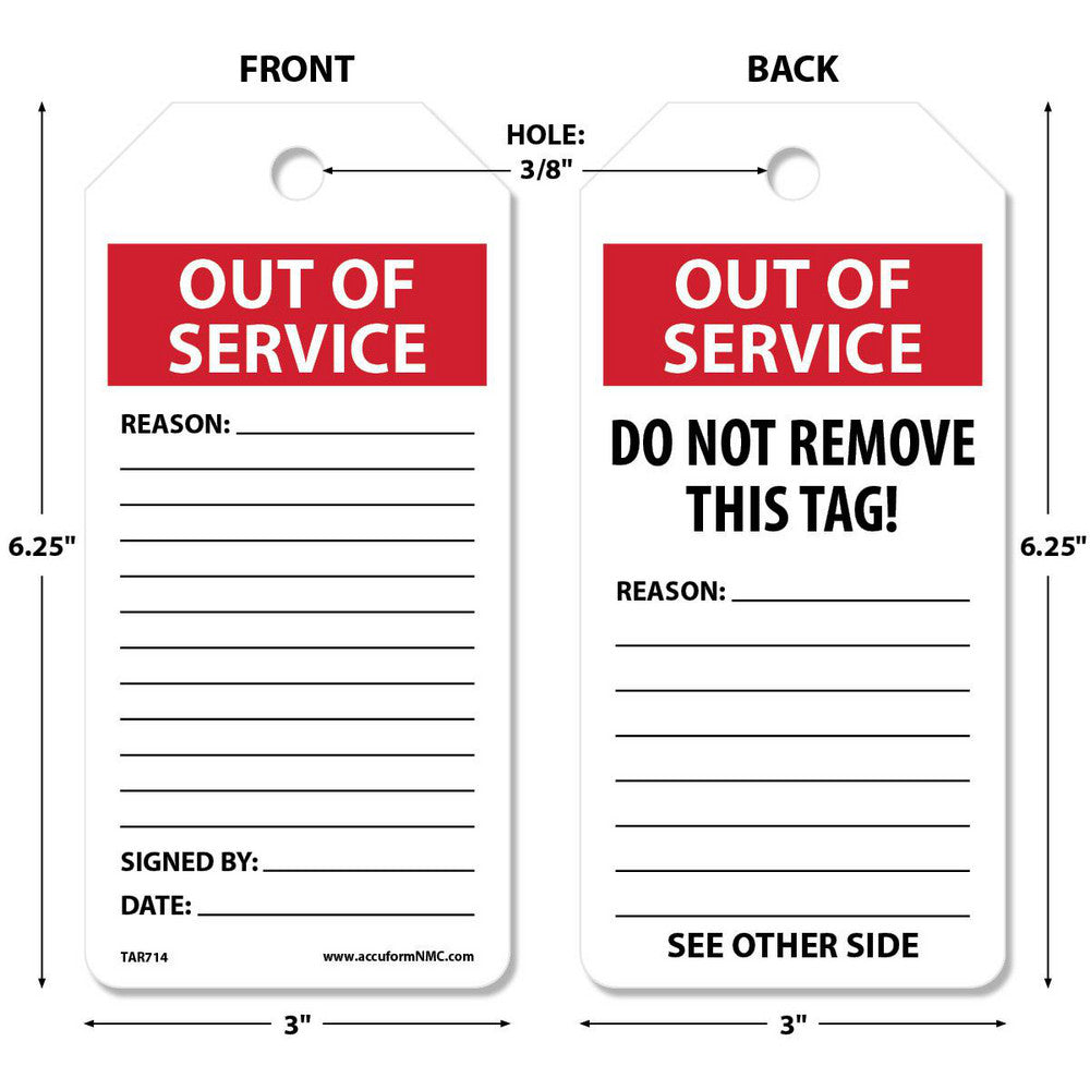 AccuformNMC TAR714 Accident Prevention Tag Rectangle, 6-1/4" High, Synthetic Paper, "OUT OF SERVICE"