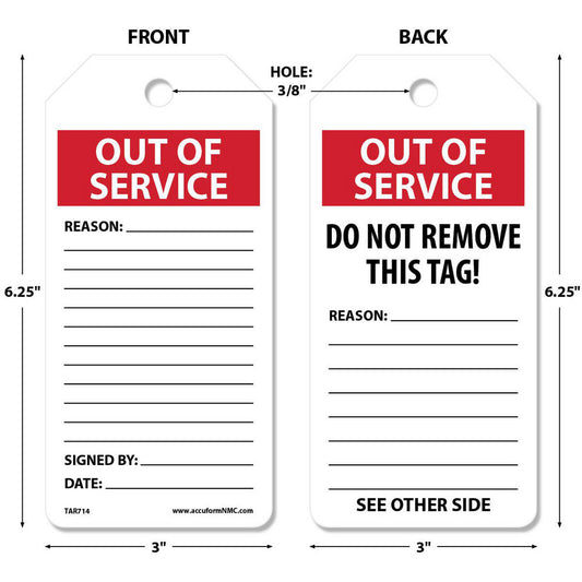AccuformNMC TAR714 Accident Prevention Tag Rectangle, 6-1/4" High, Synthetic Paper, "OUT OF SERVICE"