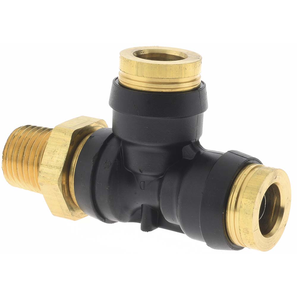 Parker PF-00074 Push-To-Connect Tube to Male & Tube to Male NPT Tube Fitting Male Swivel Run Tee, 1/4" Thread, 3/8" OD