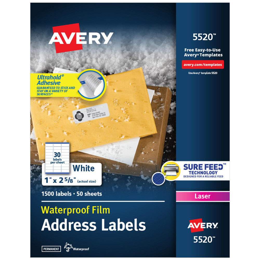 AVERY 05520 Label Maker Label White, Polyester, 2-5/8" OAL, 1,500 per Roll
