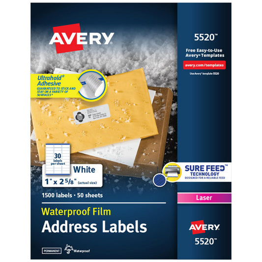 AVERY 05520 Label Maker Label White, Polyester, 2-5/8" OAL, 1,500 per Roll