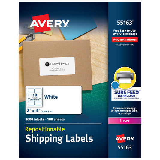 AVERY 55163 Label Maker Label White, Paper, 4" OAL, 1,000 per Roll