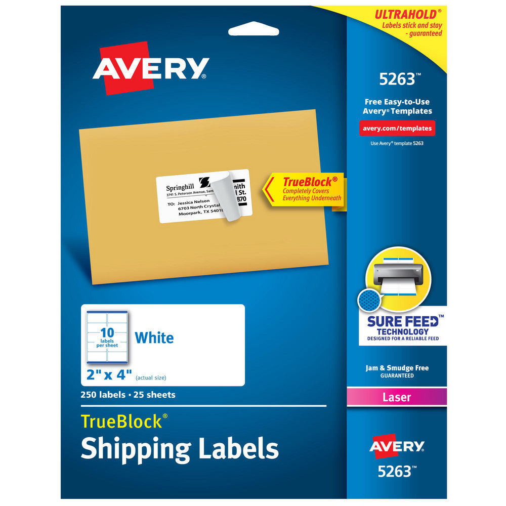 AVERY 05263 Label Maker Label White, Paper, 4" OAL, 250 per Roll