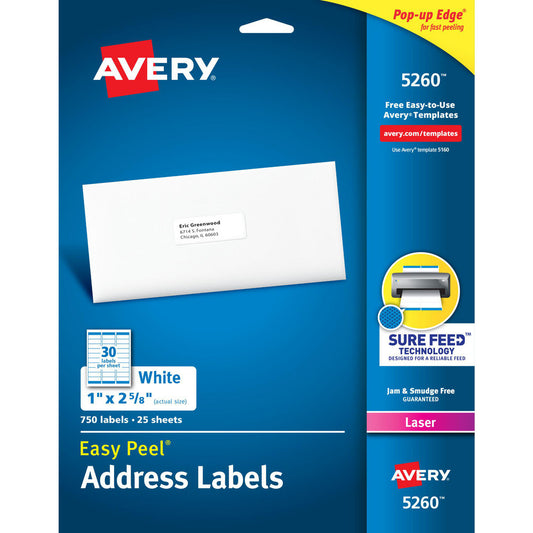 AVERY 05260 Label Maker Label White, Paper, 2-5/8" OAL, 750 per Roll