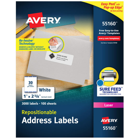 AVERY 55160 Label Maker Label White, Paper, 2-5/8" OAL, 3,000 per Roll