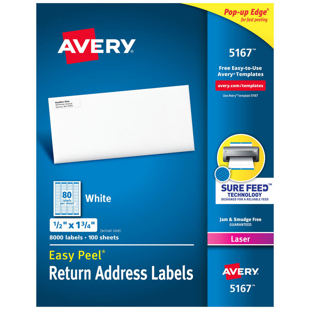 AVERY 05167 Label Maker Label White, Paper, 1-3/4" OAL, 1/2" OAW, 8,000 per Roll