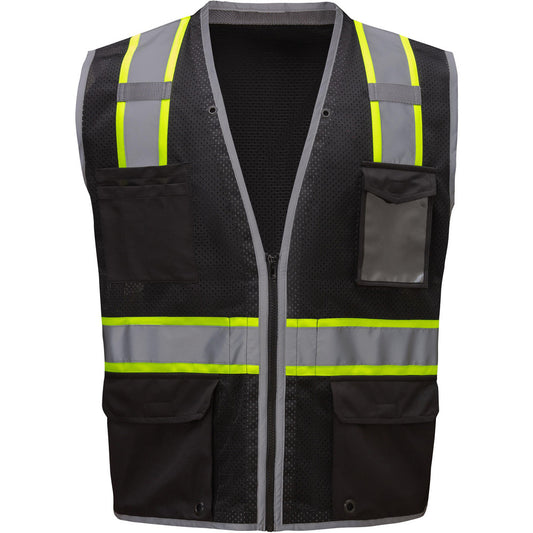 GSS Safety 1715-SM/MD High Visibility Vests Size Small/Medium  Color Black  Closure Type Zipper  Number of Pockets 6  Chest Size (Inch) 28  Material Composition Mesh