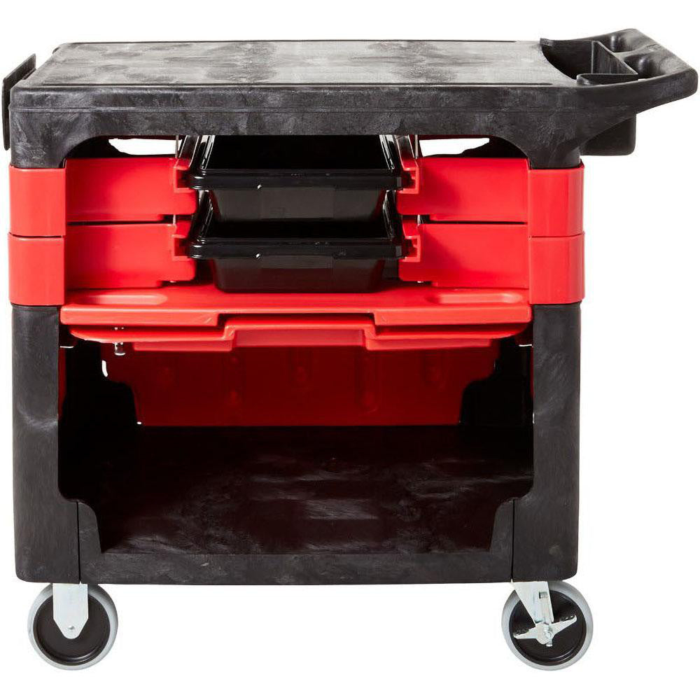 Rubbermaid FG618088BLA Trades Tool Utility Cart, Locking Cabinet, with 2 Parts Boxes & 4 Parts Bins, 330 lb. Capacity, 5" Casters, Black
