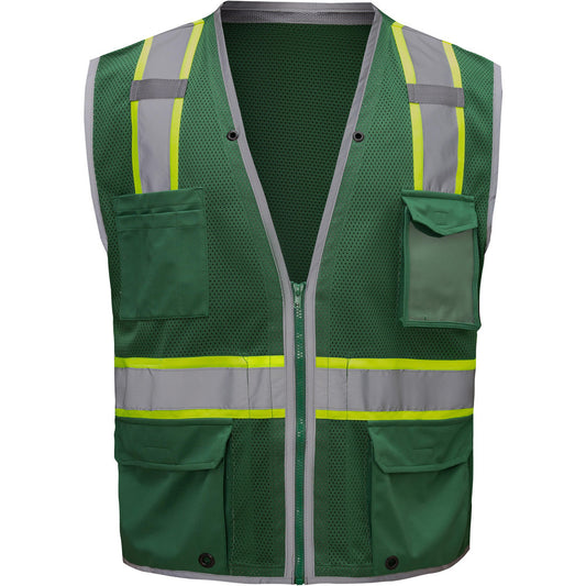 GSS Safety 1716-LG/XL High Visibility Vests Size Large/X-Large  Color Dark Green  Closure Type Zipper  Number of Pockets 6  Chest Size (Inch) 28-30  Material Composition Mesh