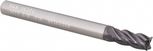 Kyocera SGS Precision Tools 36371 Corner Radius End Mill 3/16" Dia, 7/16" LOC, 0.01" Radius, 4 Flutes, Solid Carbide