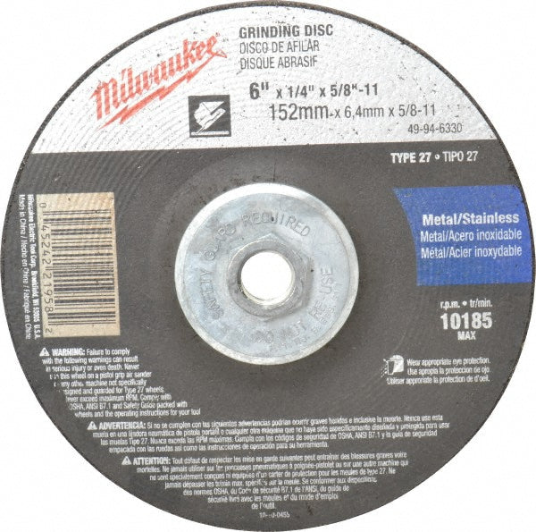 Milwaukee Tool 49-94-6330 Depressed Center Wheel Type 27, 6" Dia, Aluminum Oxide