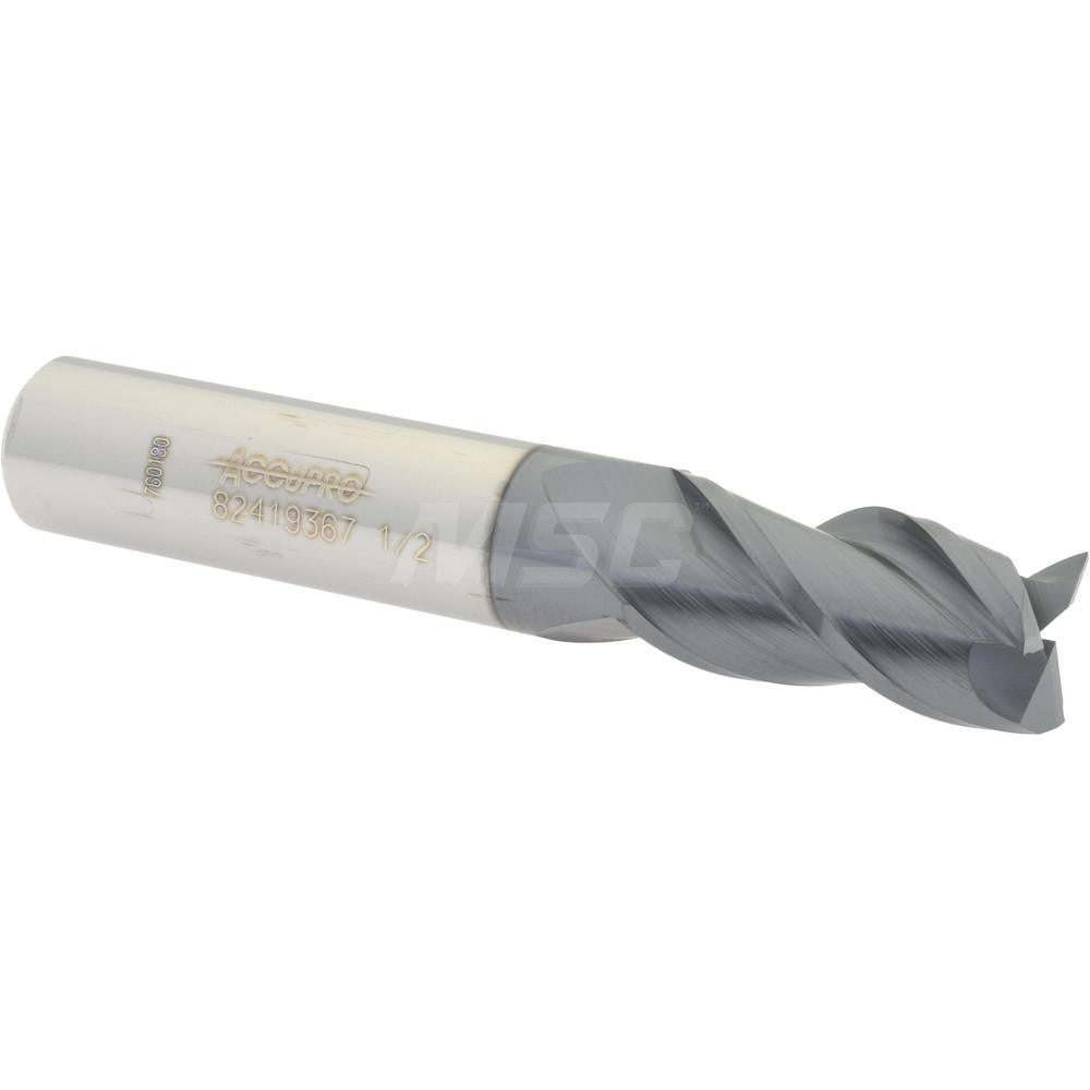 Accupro 82419367 Square End Mill 1/2'' Dia, 1'' LOC, 1/2'' Shank Dia, 3'' OAL, 3 Flutes, Solid Carbide