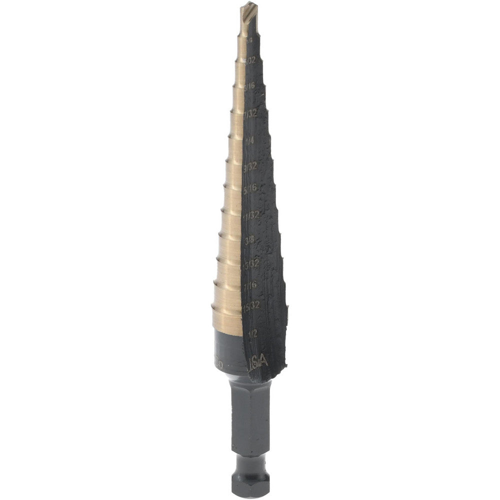 Irwin 10231CB Step Drill Bit 1/8 to 1/2" Dia, 1/4" Shank Dia, Cobalt, 13 Hole Sizes
